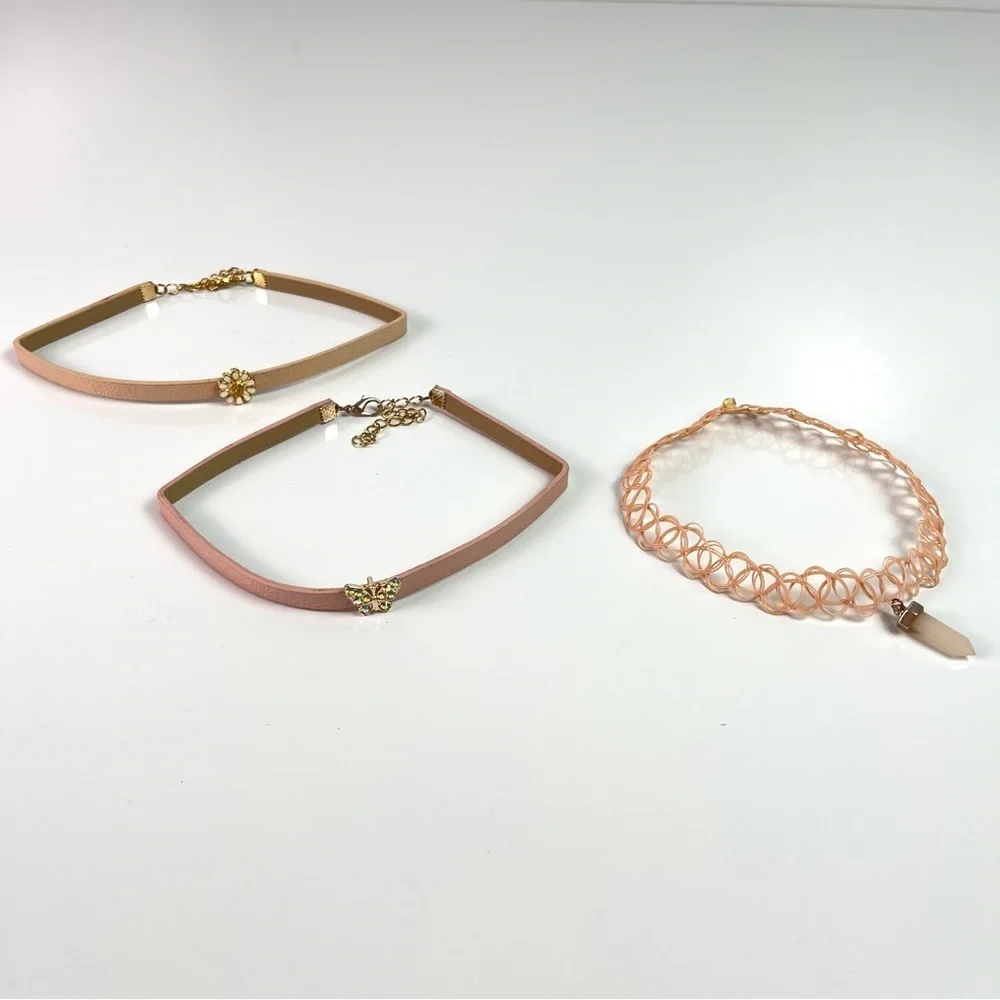 Set of 3 Nude Tan Girls Choker Necklace Set Daisy Flower Butterfly Pendant Stone